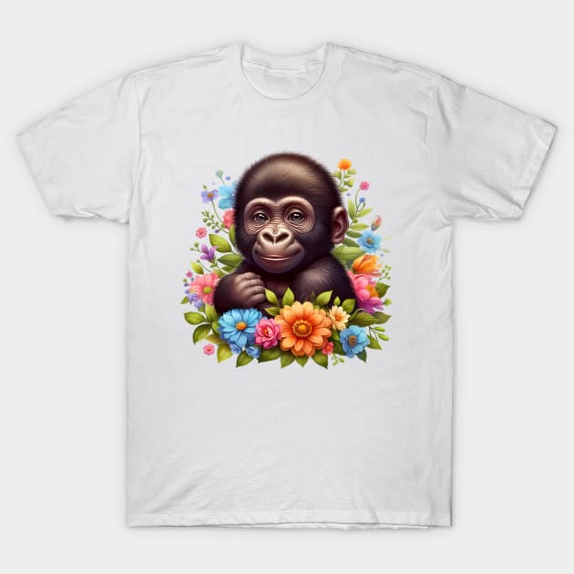 A baby gorilla decorated with beautiful colorful flowers. T-Shirt by CreativeSparkzz